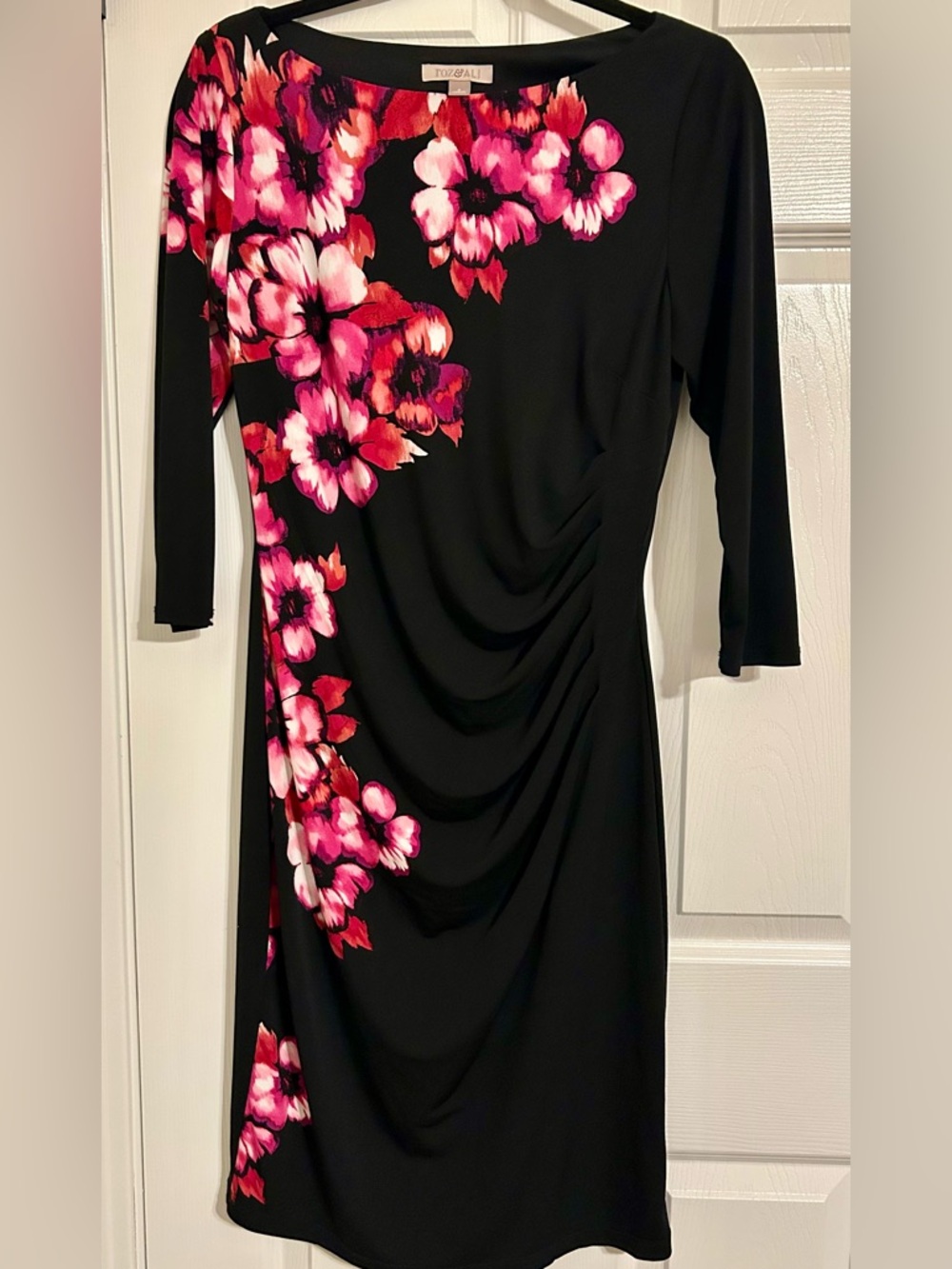 Roz & Ali Black Long Sleeve Dress with Pink and Red Floral Print